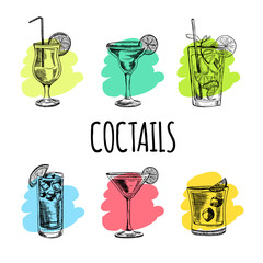 Set of cocktails and alcohol drinks. Sketch.