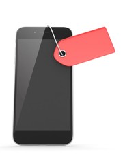 Smart phone with red price tag on white background. Identification, price, label. 3D rendering.