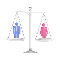 Isolated old fashioned silver pan scale with colorful man and woman on white background. Gender inequality. Equality of sexes. Law issues. Silver model. 3D rendering.