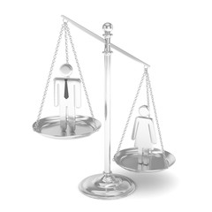 Isolated old fashioned pan scale with man and woman on white background. Gender inequality. Equality of sexes. Law issues. Silver model. 3D rendering.