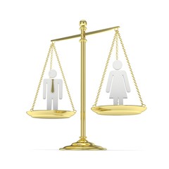 Isolated old fashioned pan scale with man and woman on white background. Gender inequality. Equality of sexes. Law issues. Silver model. 3D rendering.