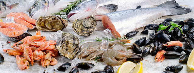 Fresh fish and seafood with aromatic herbs and spices.
