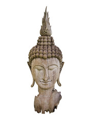 Ancient cracked and burned wooden Buddha statue head isolate on white background with clipping path