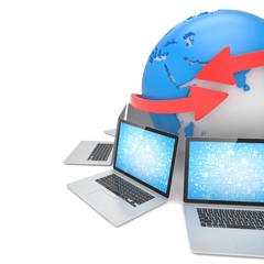 Laptop network around earth globe. 3d rendering.