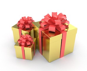 three gift boxes with bows isolated on white. 3d rendering.