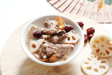 Chinese traditional Pork rib soup with lotus root, dried squid and red dates