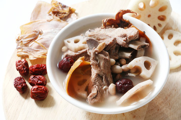 Chinese traditional Pork rib soup with lotus root, dried squid and red dates