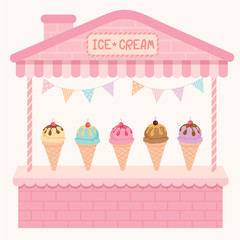 Illustration various ice-cream sundae cone flavour cafe display on cute house booth design with pink pastel color background.