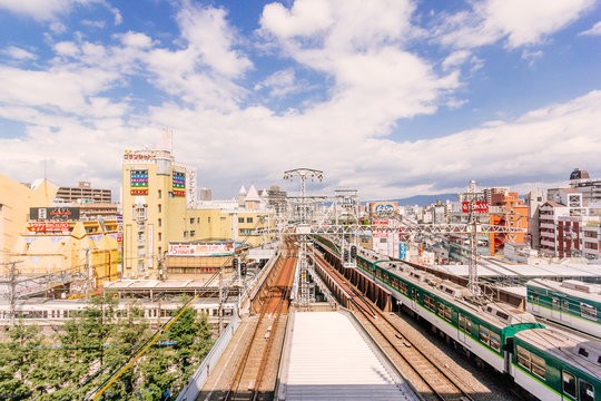 OSAKA, JAPAN - APRIL 12, 2015: Train coming into Osaka city.