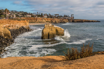 Bird Rock and cliffs at Sunset Cliffs in San Diego, California.