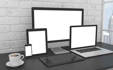 Responsive mockup screen. Monitor, laptop, tablet, phone on table in office. 3d rendering.