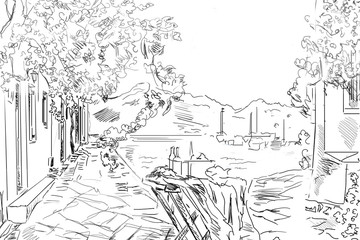 Drawing to the greek town -  sketch illustration