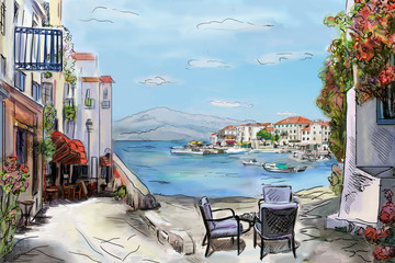 Drawing to the greek town - illustration