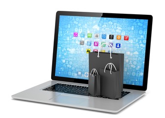 laptop and  shopping pags on white background. 3d rendering.