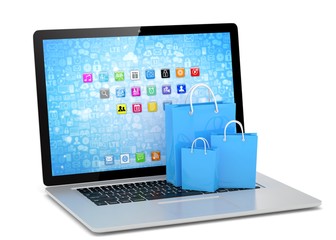 laptop and  shopping pags on white background. 3d rendering.