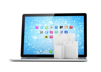 laptop and  shopping pags on white background. 3d rendering.