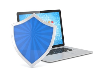 Laptop and shield on white, computer security concept. 3d rendering.