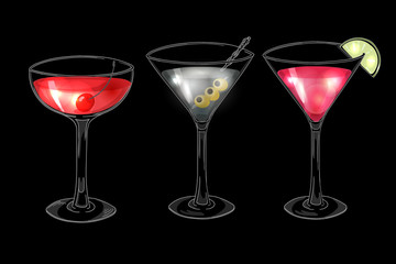 Set of hand drawn alcoholic cocktails on dark background