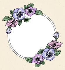 Frame with hand drawn pansy flowers