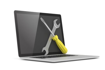 3D Illustration Wrench and screwdriver on laptop, service concept