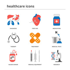 Healthcare and medical vector icons set, flat style