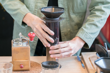 Step by step aero press coffee preparation Barista
