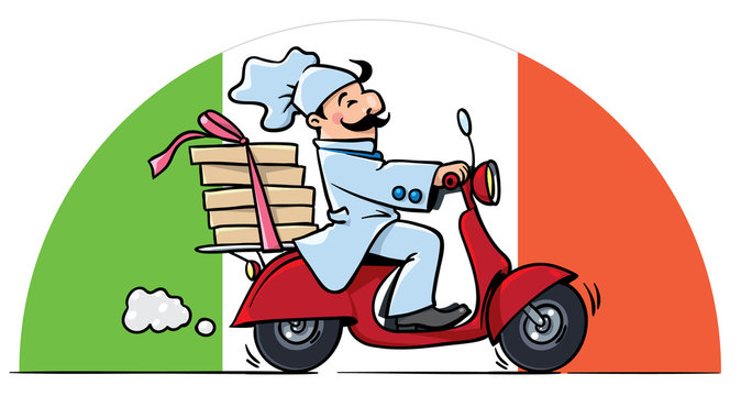 Funny chef on scooter. Pizza delivery