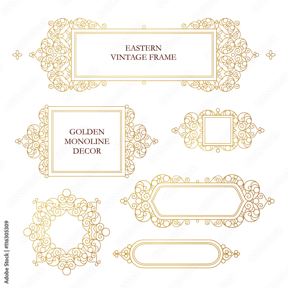 Wall mural Vector set of line art frames for design template. Element in Eastern style. Golden outline floral frames. Mono line decor for invitations, greeting cards, certificate, thank you message.