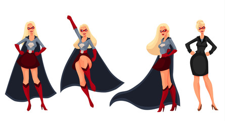 Female superhero cartoon style vector illustration isolated on white background. Set of same woman in business suit and in superhero disguise, super power girl. Business woman as superhero © sabelskaya
