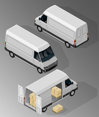 Vector isometric illustration of a car for transportation of small cargoes. Equipment for cargo delivery.