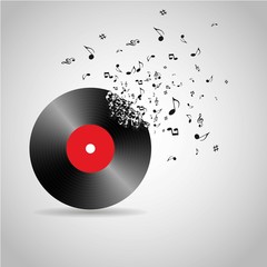 Vinyl record breaking into music notes