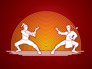 Kung Fu action ready to fight designed on line circle background graphic vector.