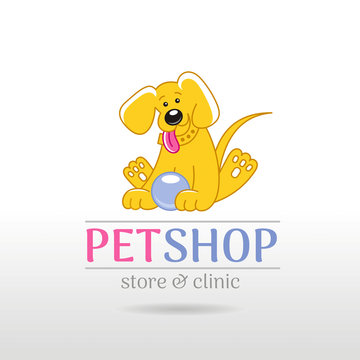 Vector linear illustration of funny cute happy puppy dog on white background. Cartoon logo icon design template. Abstract symbol for pet shop, veterinary clinic, animal care concepts
