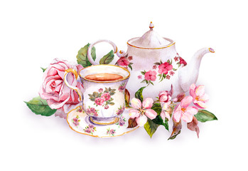 Teacup, tea pot, pink flowers - rose and cherry blossom. Watercolor - 116307910