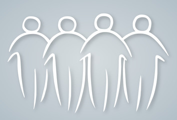 Abstrakt gezeichnete Gruppe aus vier wohlbeleibten Menschen / weiß auf blaugrau / handgezeichnet, Vektor, freigestellt