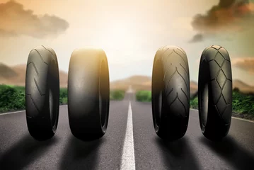 Fotobehang motorbike racing tires on route 66 © serpeblu