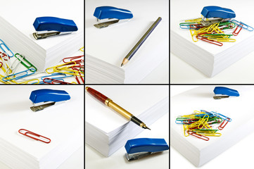 image of stacks of paper, stapler, clips,pen and pencil