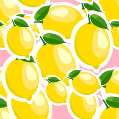 Pattern. lemon and leaves different sizes on pink background.