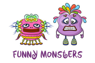 Set of Funny Colorful Cartoon Characters, Different Monsters, Elements for your Design, Prints and Banners, Isolated on White Background. Vector