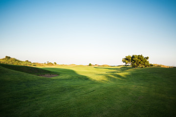 Beautiful golf course with sand trap at sunset