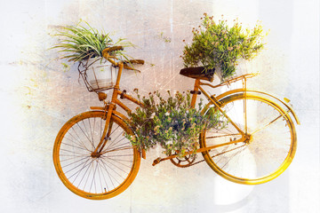 Fototapeta na wymiar charming floral street decoration with old bike. Retro picture