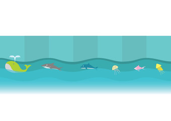 Cartoon animals swimming in the sea. Colors background with shark, dolphin, fish, whale. Abstract design exotic bohemian style. Environment for earth day. 