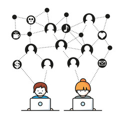 Social Media, network people with computers vector illustration