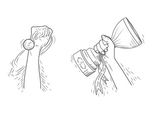 Winner Hand Raising Up a Medal and Trophy, Hand Drawn style