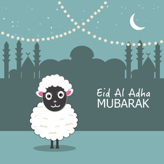 Cute sheep vector illustration. Colorful balloon. Islamic Festival of Sacrifice, Eid-Al-Adha celebration greeting card