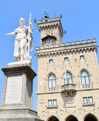 Fototapeta na wymiar Public Palace and the Statue of Liberty of Saint Marino, City of San Marino, Republic of San Marino