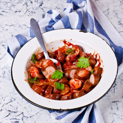 Fried sliced sausages