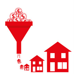 Housing and construction concept with dollar coins being poured into a funnel shape from which homes are being manufactured on a production line