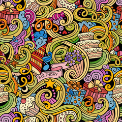 Cartoon hand-drawn doodles birthday seamless pattern