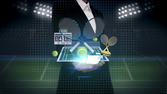 Businesswoman open palm, Floating tennis icon, racket, ball, tennis court.